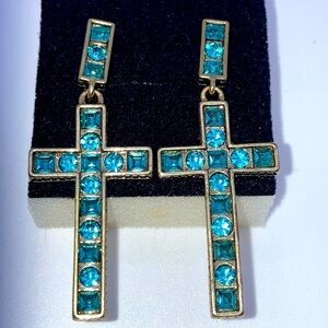 Heidi Daus Blue Swarovski Crystal Large Cross Statement Earrings Approx 2”